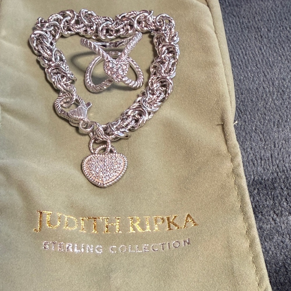 NIB Judith Ripka Byzantine Heart Charm Bracelet & Ring Diamonique Set